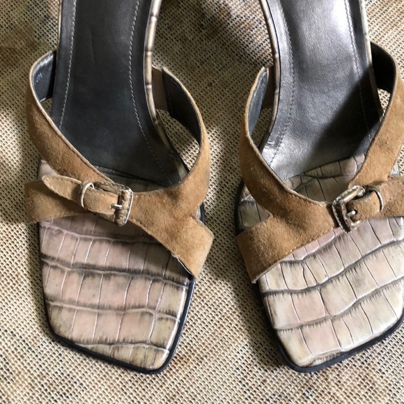 🛍️Square toe⚡️leather/faux croc slide neutral tan leather sandal sz 10 - Picture 3 of 6